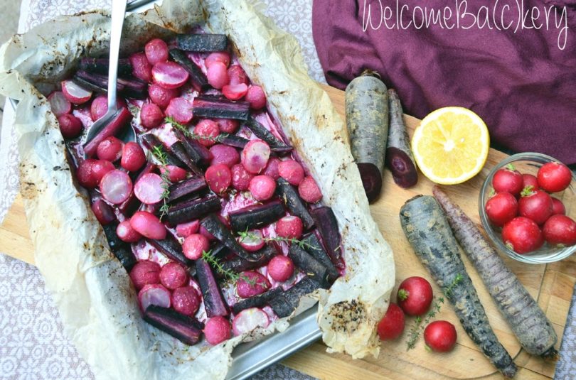 Oven roasted radishes and purple carrots