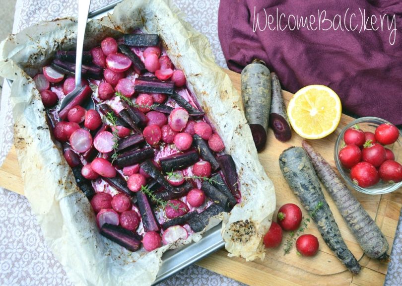 Oven roasted radishes and purple carrots