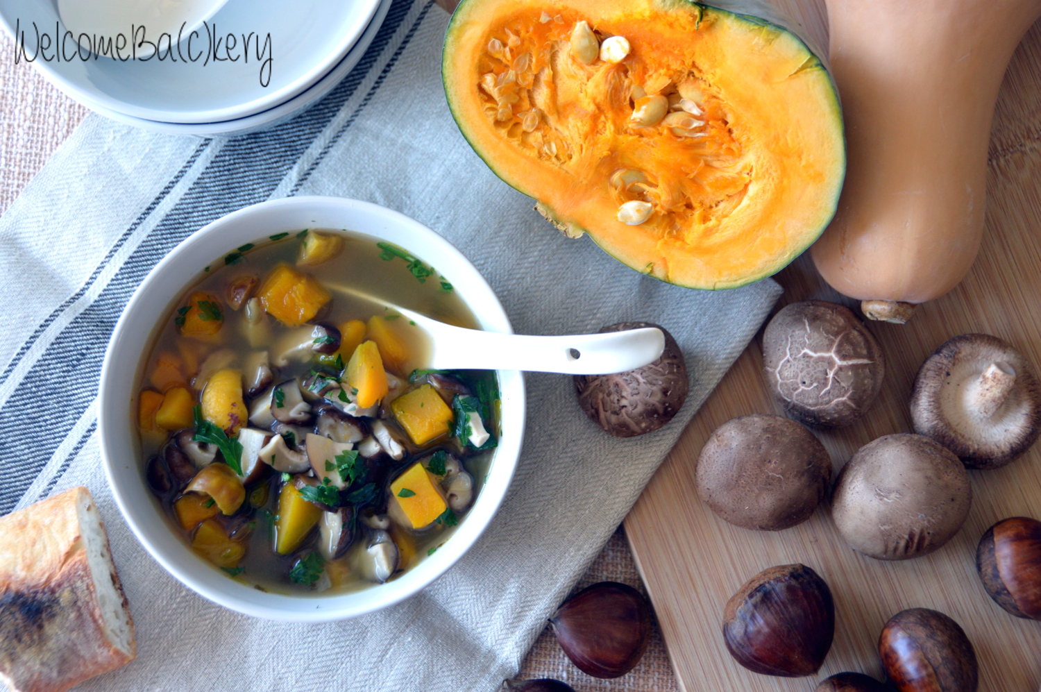 Pumpkin, mushrooms and chestnuts soup