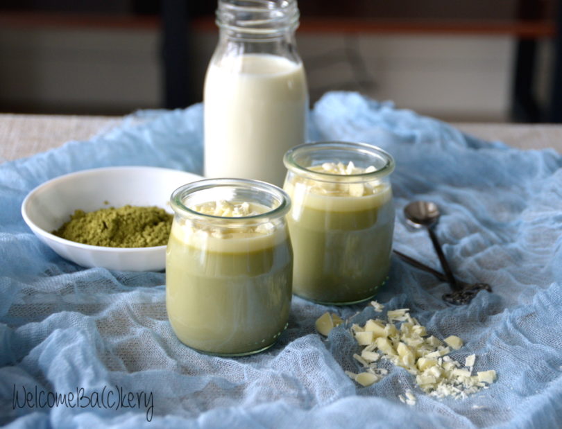 Matcha tea panna cotta, with white chocolate sauce